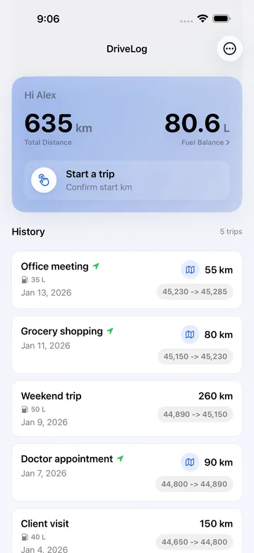 DriveLog trip history screen with distance and fuel balance.