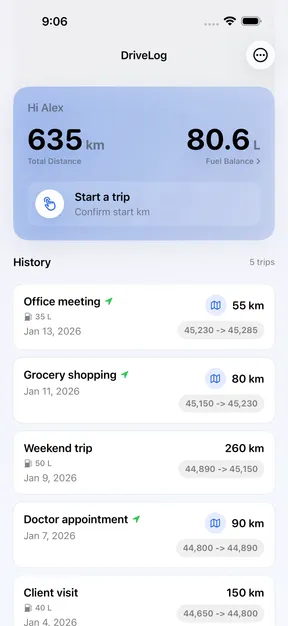 DriveLog showing trip history and vehicle record controls.