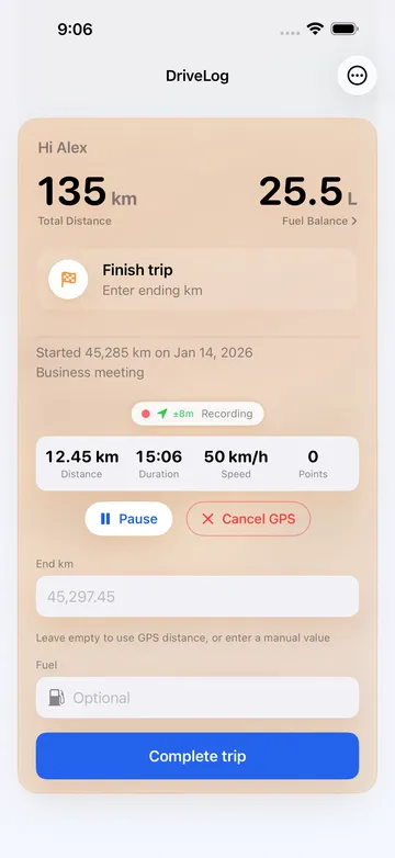 DriveLog active trip recording screen with live distance, duration, and speed.
