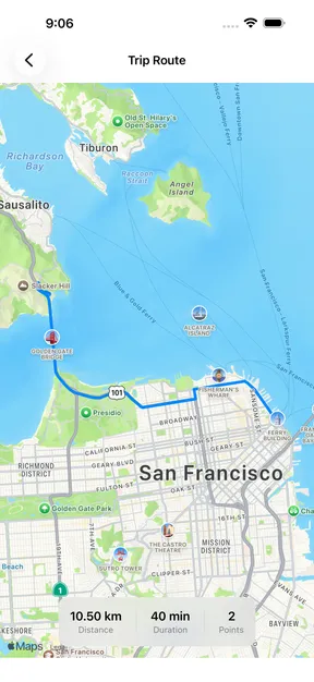 DriveLog route map summary for a recorded trip.