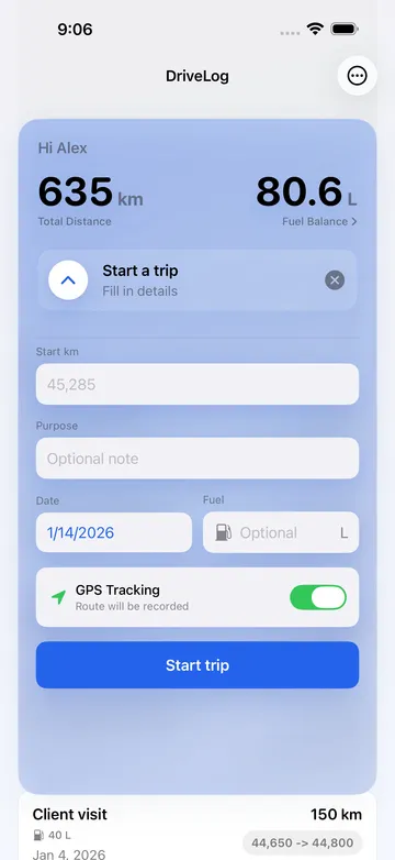 DriveLog start trip form with GPS tracking enabled.